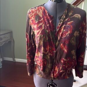 Chaps Floral Button-Up Cardigan - Red and Brown